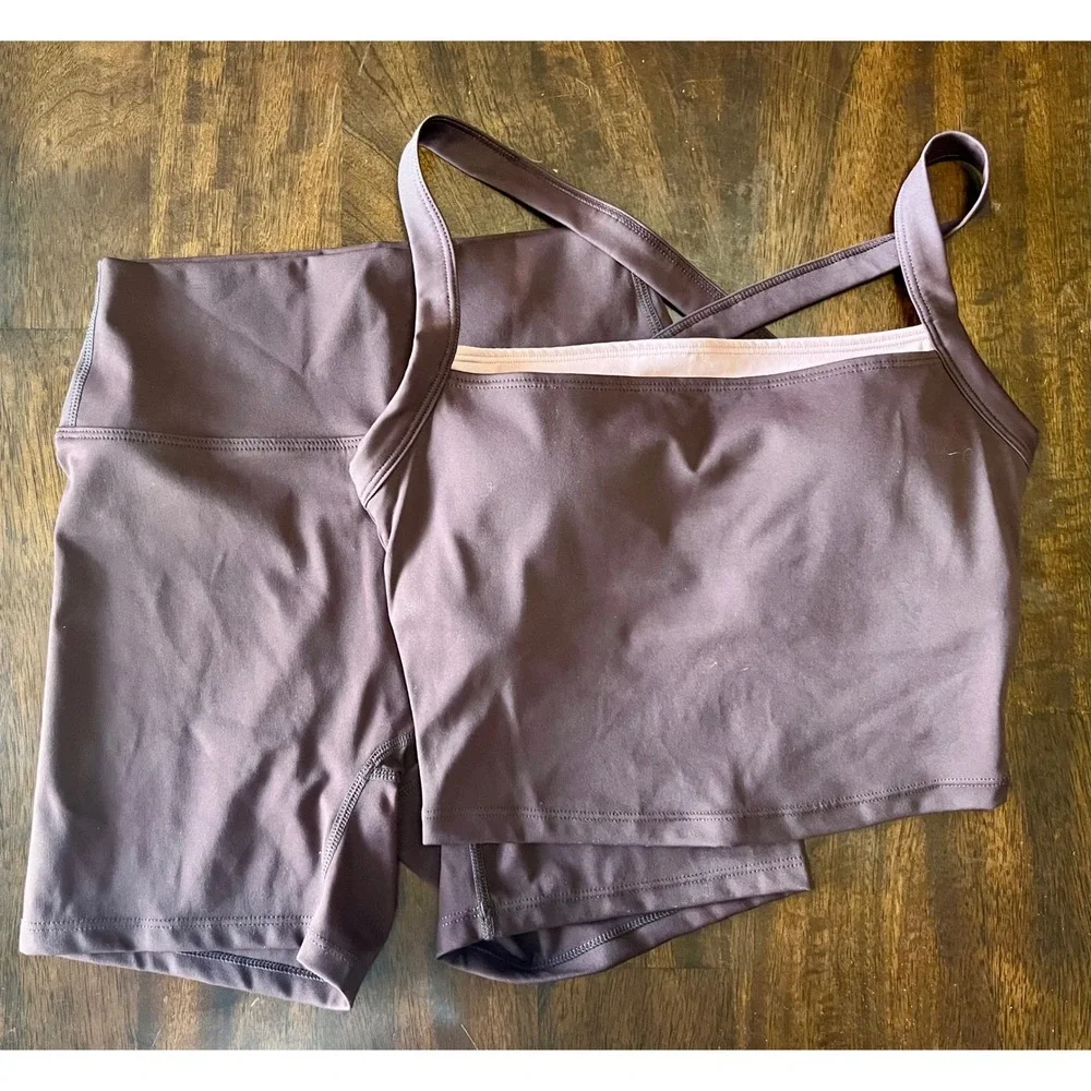 Activewear Set Cropped Cross Back Tank and High Waisted Biker Shorts Plum Small